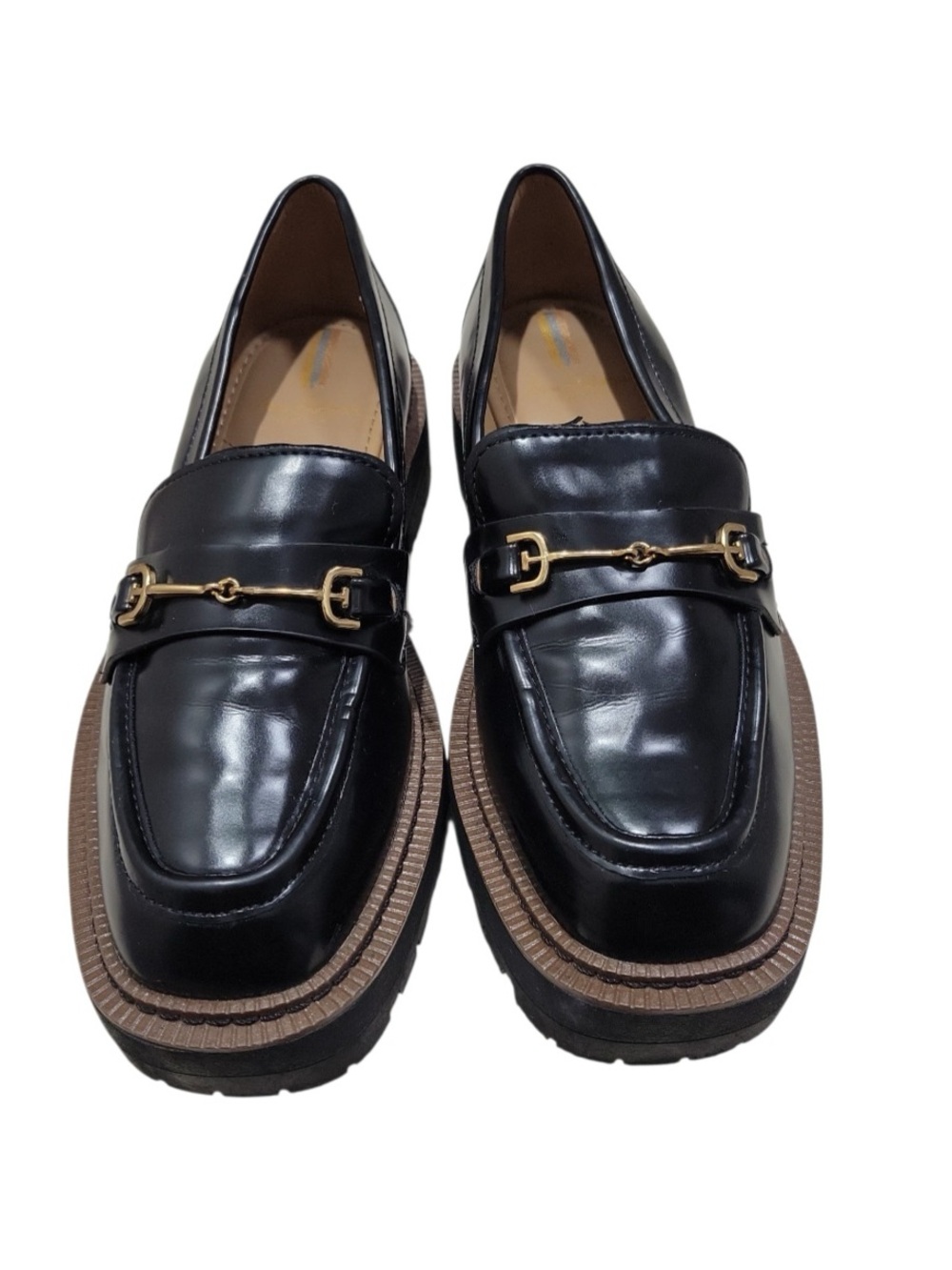 Sam Edelman - Black Leather Lug-Sole Loafers with Gold Bit Hardware Sz(6.5)